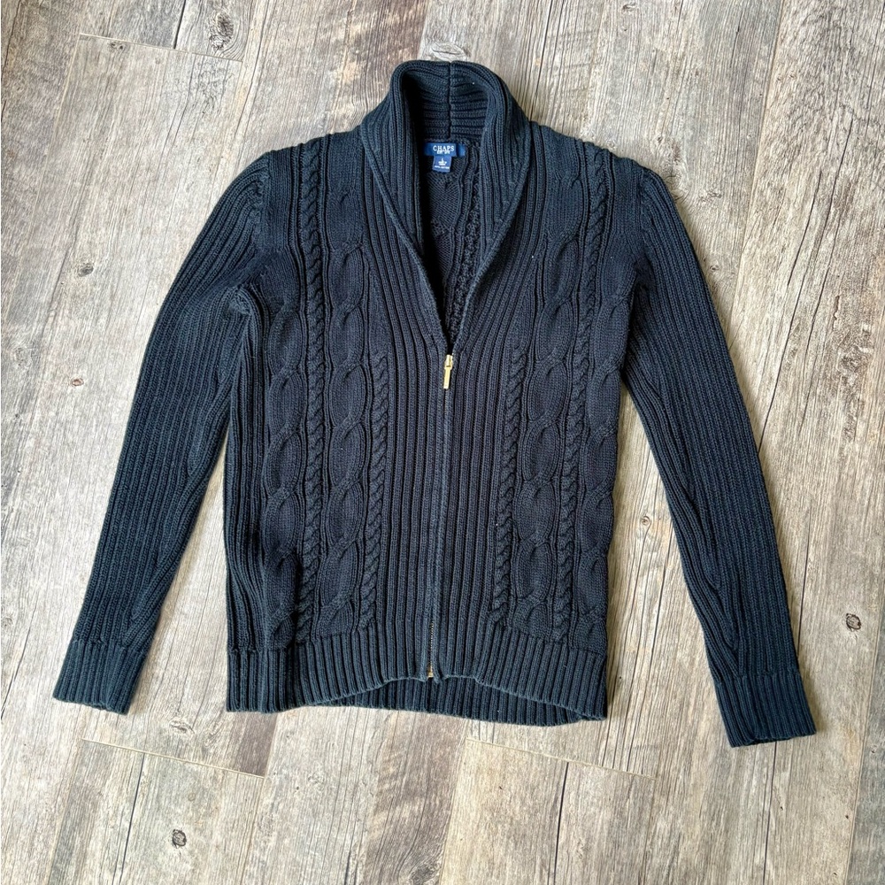 Chaps Black Ribbed Knit Zip-Up Cardigan Sweater Size Large